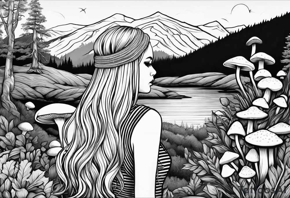 Straight long blonde hair girl in distance holding mushrooms in hand facing away toward mountains and creek surrounded by mushrooms black and white striped dress tattoo idea