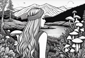 Straight long blonde hair girl in distance holding mushrooms in hand facing away toward mountains and creek surrounded by mushrooms black and white striped dress tattoo idea