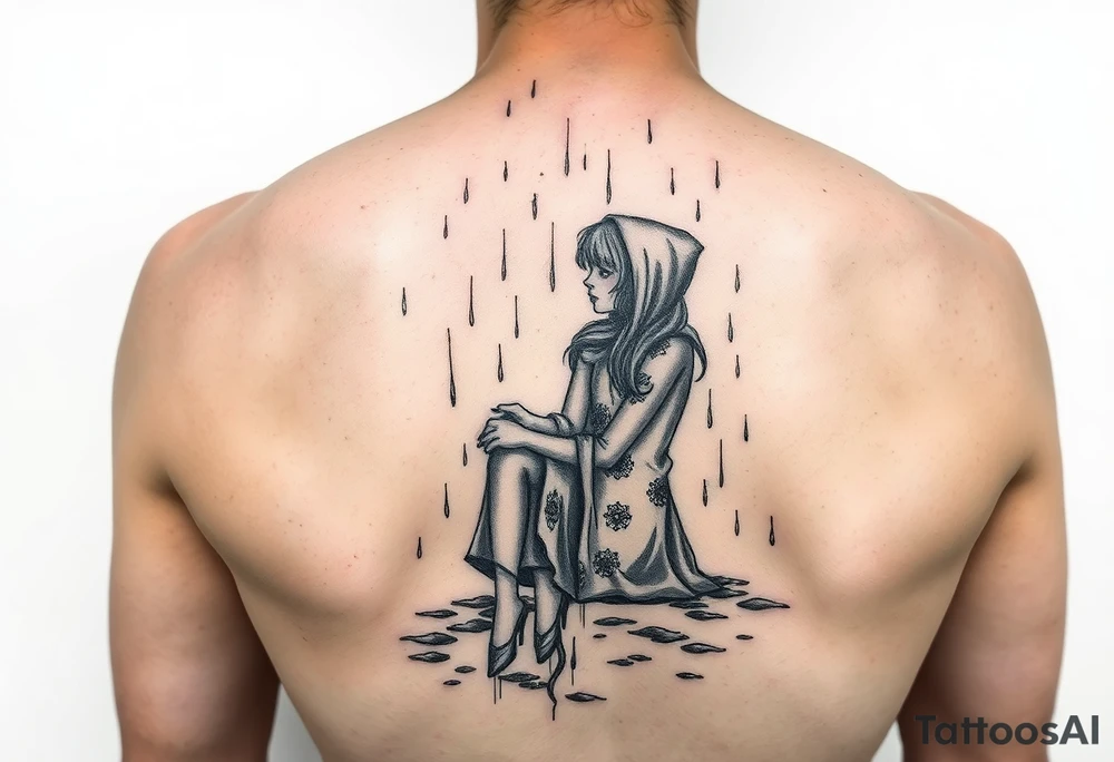 A girl sitting in the rain  letting the rain take her away as it pours as she’s fading tattoo idea