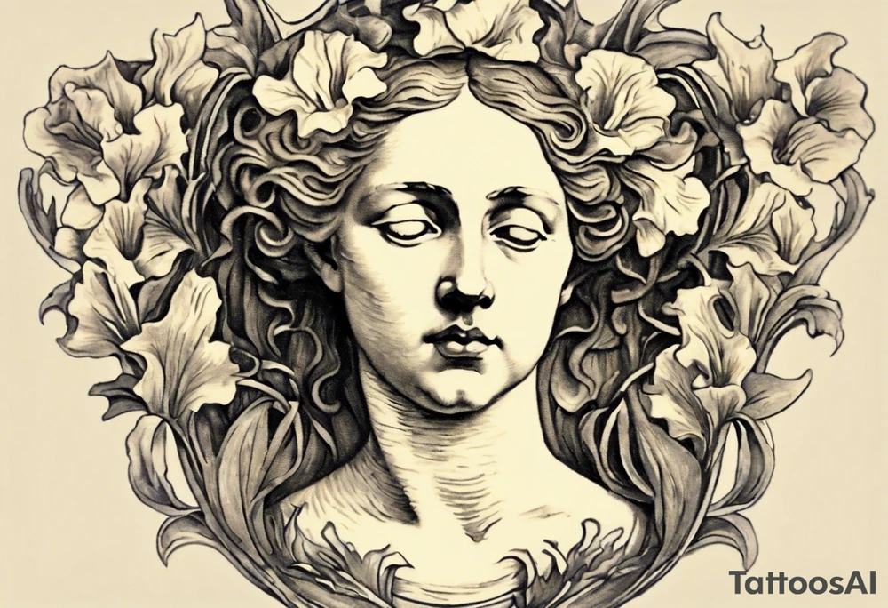 Create a colorful Vincent van Gogh Irises tattoo with an ancient Greek female statue in the middle. The tattoo should take the form of a crescent, with vines gracefully intertwining at a central point in the middle of the wreath.  The intended placement is on the upper chest. The overall design should be small in size while maintaining a delicate and artistic aesthetic. Pay attention to the graceful flow of the vines and the placement of the irises to achieve a refined and elegant look. tattoo idea