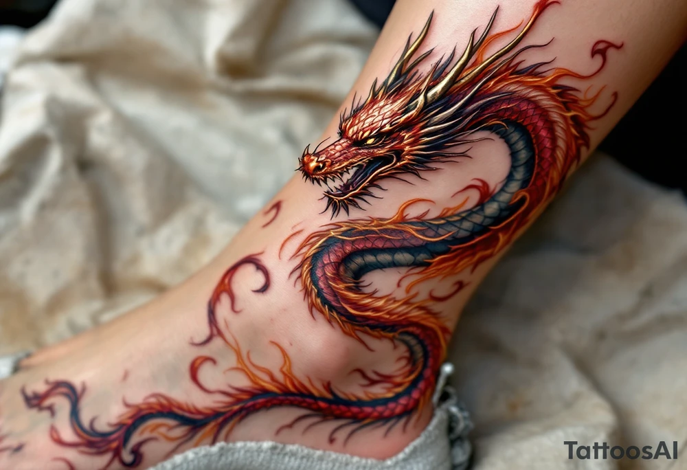 A 3D dragon wrapping around the leg, scales shimmering in metallic red and gold, looking as if it’s breathing fire. tattoo idea