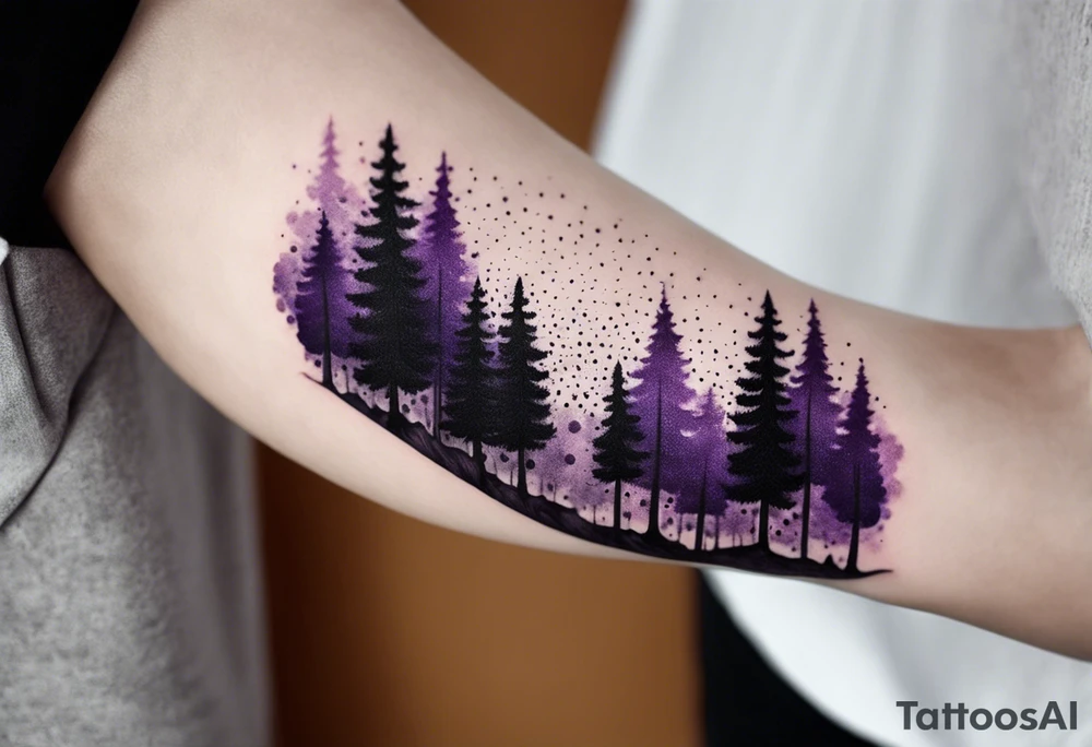 forest, purple and black, on hand, full wrapped, blackwork tattoo idea