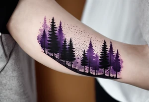 forest, purple and black, on hand, full wrapped, blackwork tattoo idea