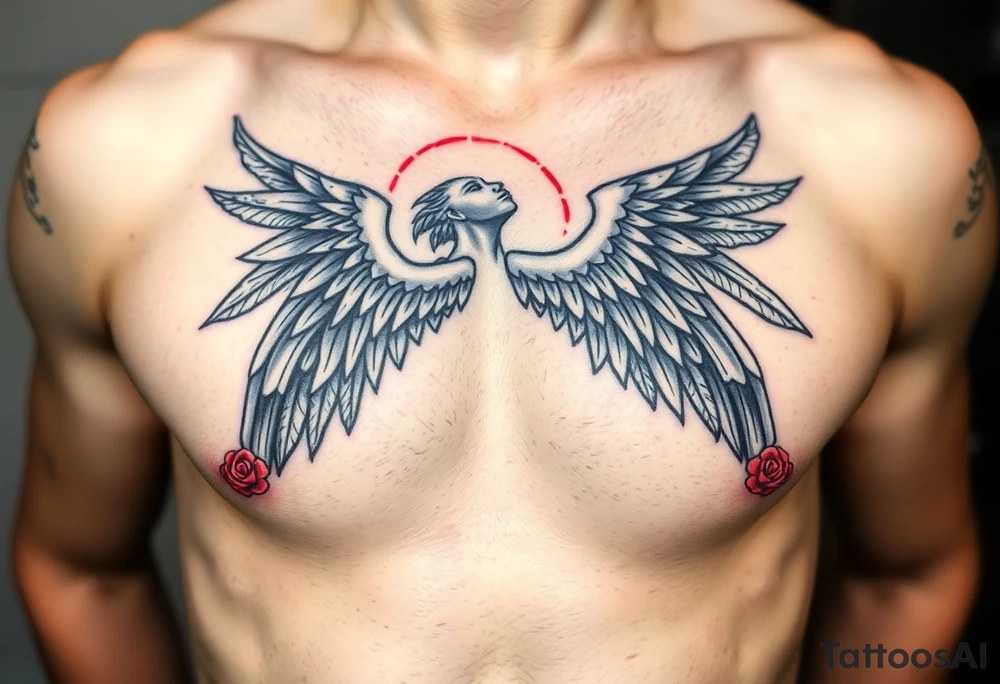 Angel black and red on left chest male tattoo idea