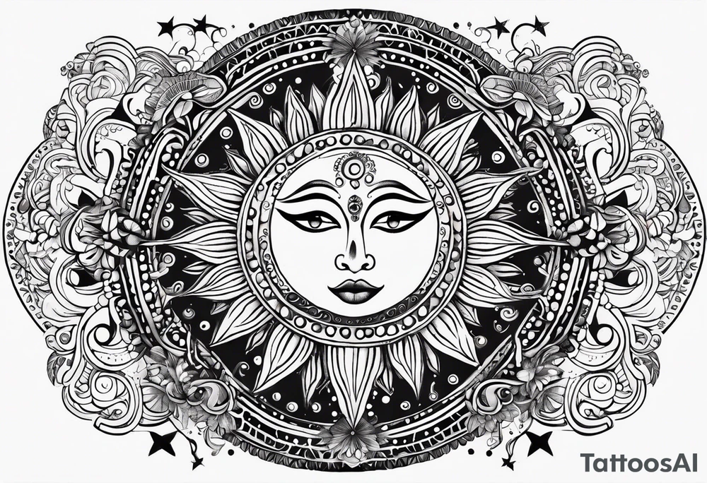 Mexican feminine alien Sun and moon. Freeform rectangular sternum swirls with dots and stars tattoo idea