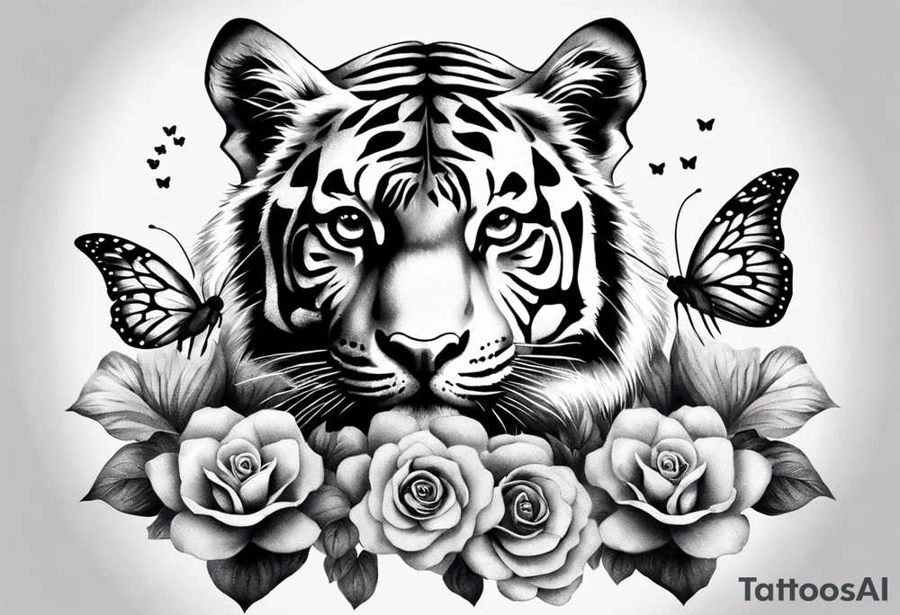 realistic full body tiger, 3 butterflies, flowers for ladies thigh / hip shaded tattoo idea