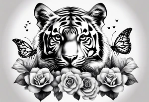 realistic full body tiger, 3 butterflies, flowers for ladies thigh / hip shaded tattoo idea