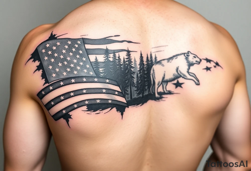 American flag with forest and animal arm sleeve tattoo idea