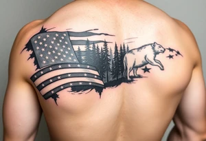 American flag with forest and animal arm sleeve tattoo idea