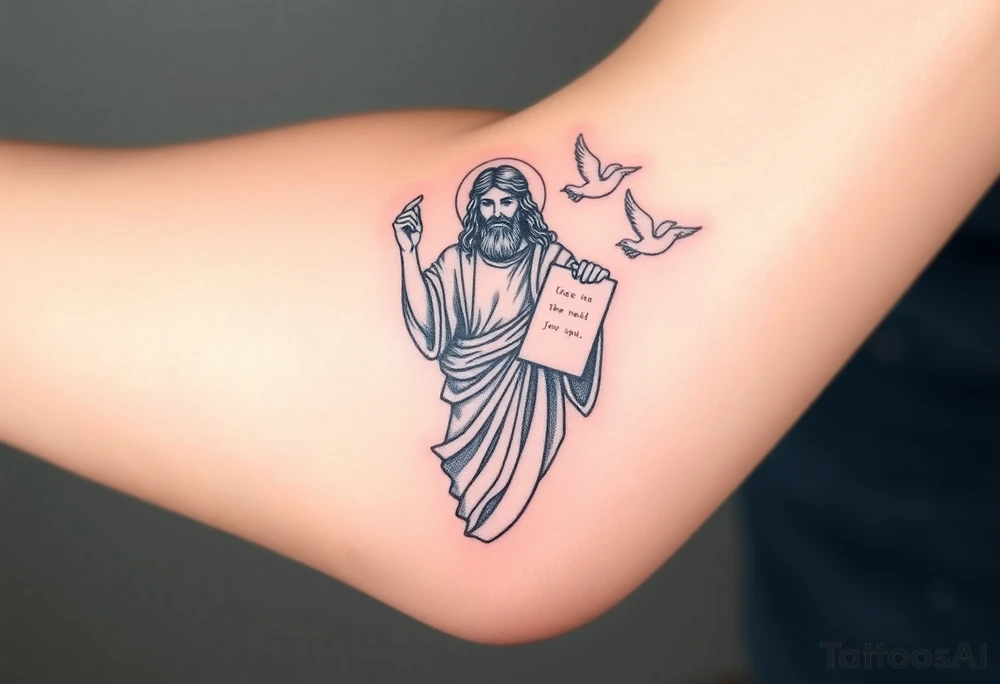 Moses holding the Ten Commandments with doves flying nearby tattoo idea