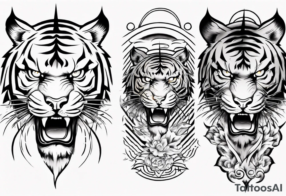 Tiger design with lightning and the sun for a forearm sleeve tattoo idea