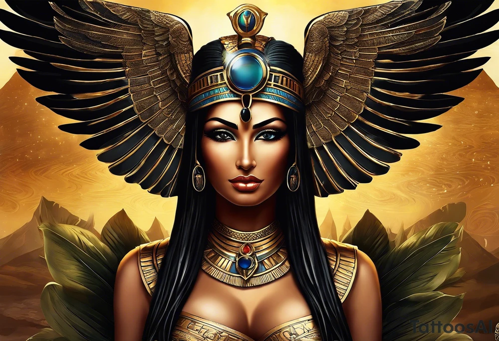 Egyptian goddess Isis, who is often depicted as a woman with outstretched wings, holding an ankh (a symbol of life) in one hand and a lotus flower in the other. Her headdress often includes a throne or a solar disk. The tattoo design can vary in style and size, but it typically aims to capture the essence of this revered Egyptian deity, emphasizing her beauty, power, and maternal qualities. The choice of colors and additional elements can also be customized to create a unique and visually striking representation of the goddess Isis in black and white tattoo idea