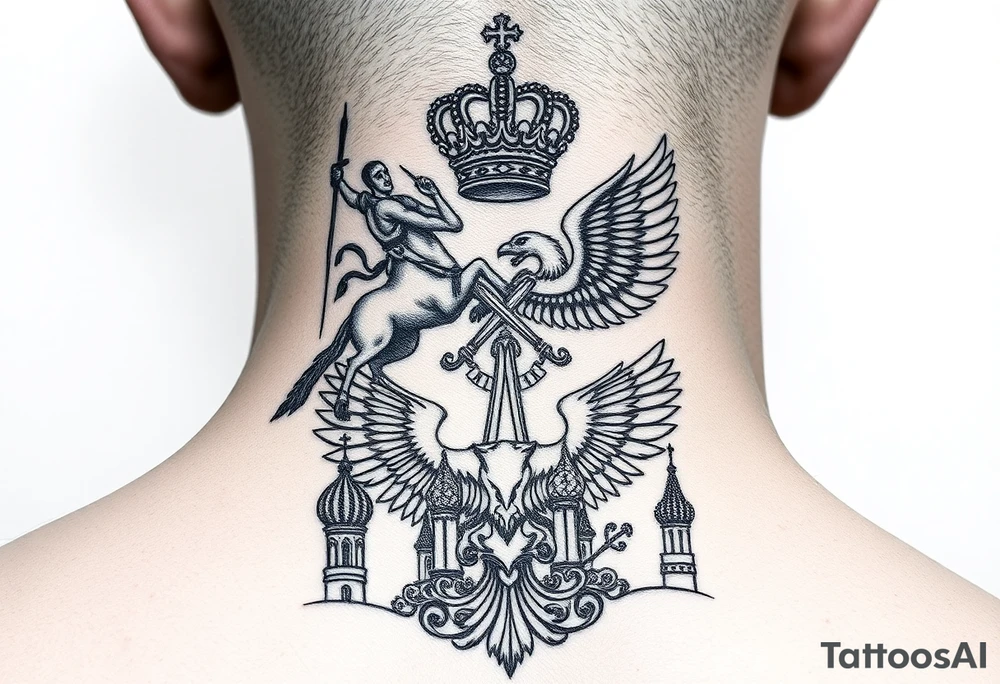 St. George slaying the dragon (hugely common in Russian Orthodox art)
Russian imperial crown above the eagle
Crossed swords or a Russian sabre
The Kremlin or St. Basil's Cathedral scene tattoo idea