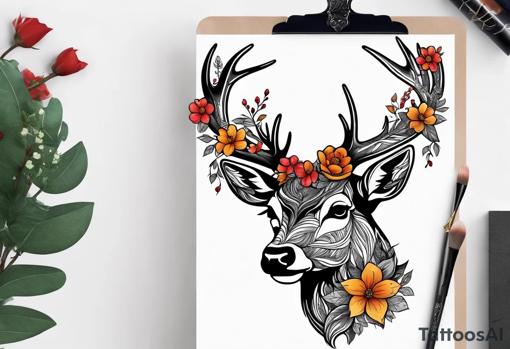 deer with antlers in flower tattoo idea