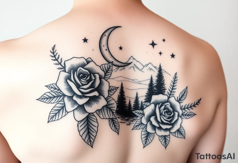 Unique artistic tattoo, with roses and wild flowers 
Crescent moon and stars mountains forests
Feminine tattoo idea