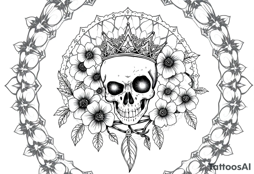 Mandala dream catcher with detailed beautiful gothic boho flowers on vine and skull with gorgeous crown tattoo idea
