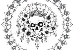 Mandala dream catcher with detailed beautiful gothic boho flowers on vine and skull with gorgeous crown tattoo idea