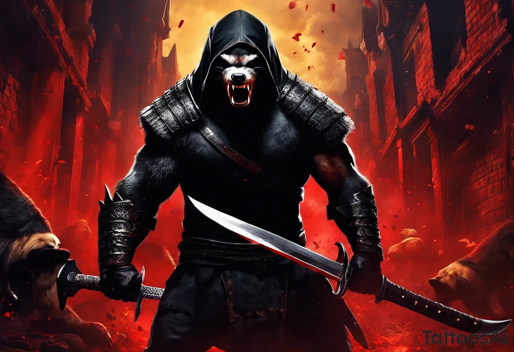 Draw me psychopath Fearless Honey Badger/Berserker with aggressive full body, killer face with a scary smile, very long nails and he attacks like a Bloody Assassin/Warrior/Gladiator to us and also, he has very deadly looking. He fights with his nails only. Everybody scares after their first sight. Give me horror type Badger Tattoo. I want to see his Realistic full body with no weapons. You can show destruction at the back. tattoo idea