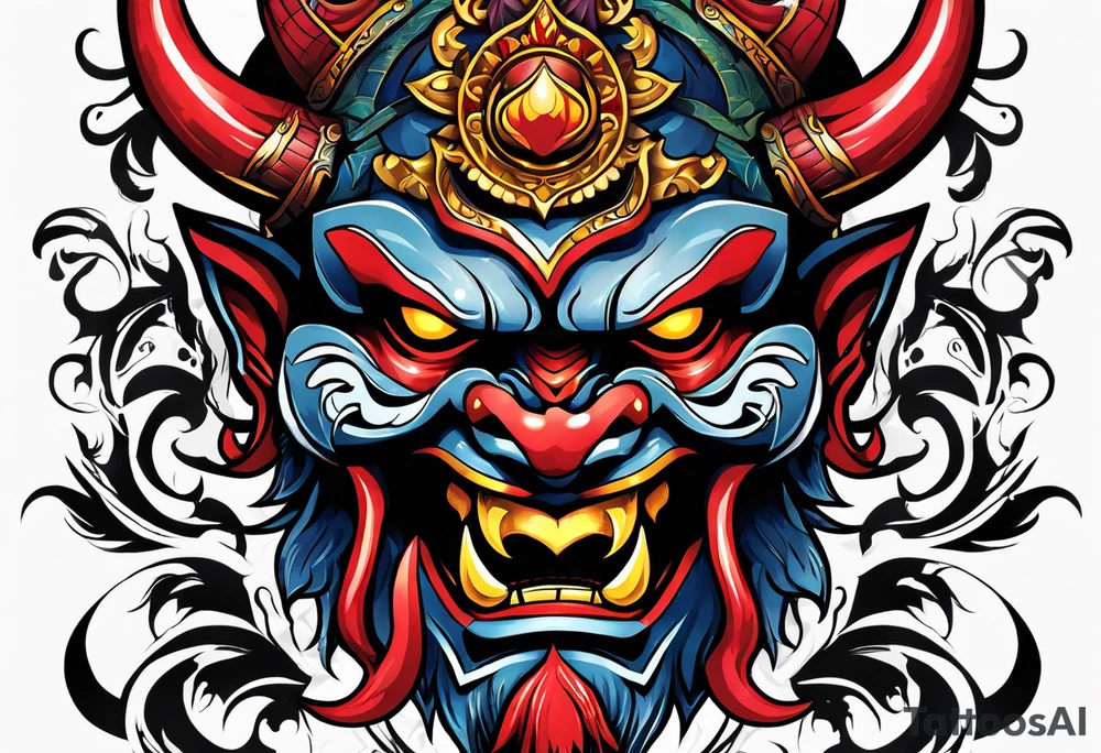 Protection against evil Oni mask tattoo idea