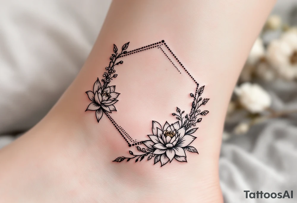 Small Feminine simple Dotted Line hexagon with Leo astrological symbol surrounded by larkspurs and water lilies tattoo idea