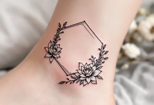 Small Feminine simple Dotted Line hexagon with Leo astrological symbol surrounded by larkspurs and water lilies tattoo idea