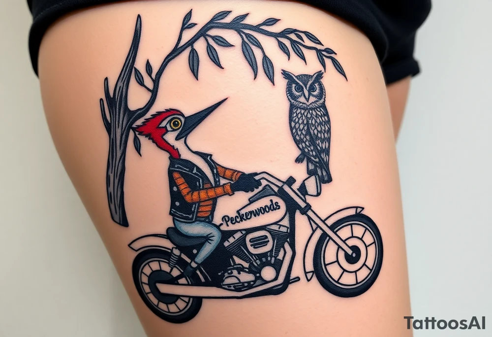 Woody the woodpecker wearing a leather vest that says peckerwoods, on a Harley Davidson under a willow tree, gazing in love at a barn owl tattoo idea