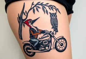 Woody the woodpecker wearing a leather vest that says peckerwoods, on a Harley Davidson under a willow tree, gazing in love at a barn owl tattoo idea