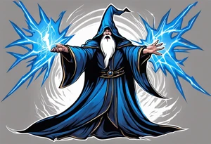Yelling wizard directing a lightning strike with blue lightning and a black cloak tattoo idea