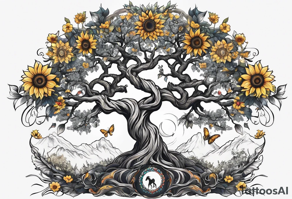 Yggdrasil tree, horse, sunflower tattoo idea