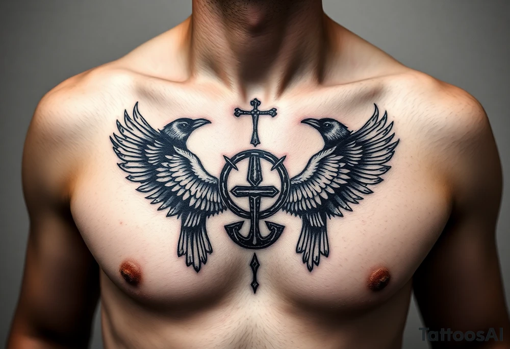 Chest tattoo, two ravens and icelandic symbols, dark brest tattoo tattoo idea