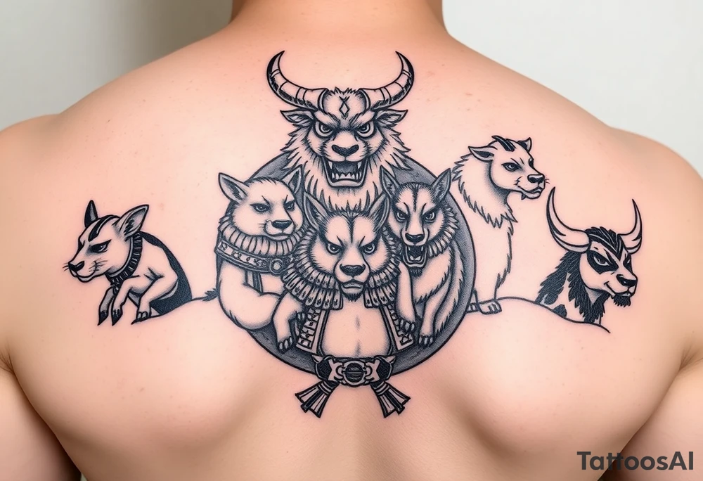Chinese zodiac animals: rat, dog, goat, and ox all dressed up Samurai warrior style in a circular formation in Japanese setting tattoo idea
