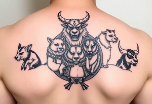 Chinese zodiac animals: rat, dog, goat, and ox all dressed up Samurai warrior style in a circular formation in Japanese setting tattoo idea