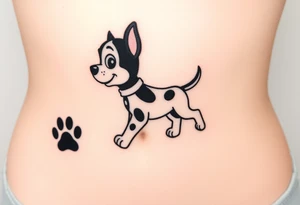 Walking away Marshall a member of Paw Patrol group leaving a realistic textured paw print behind him. tattoo idea