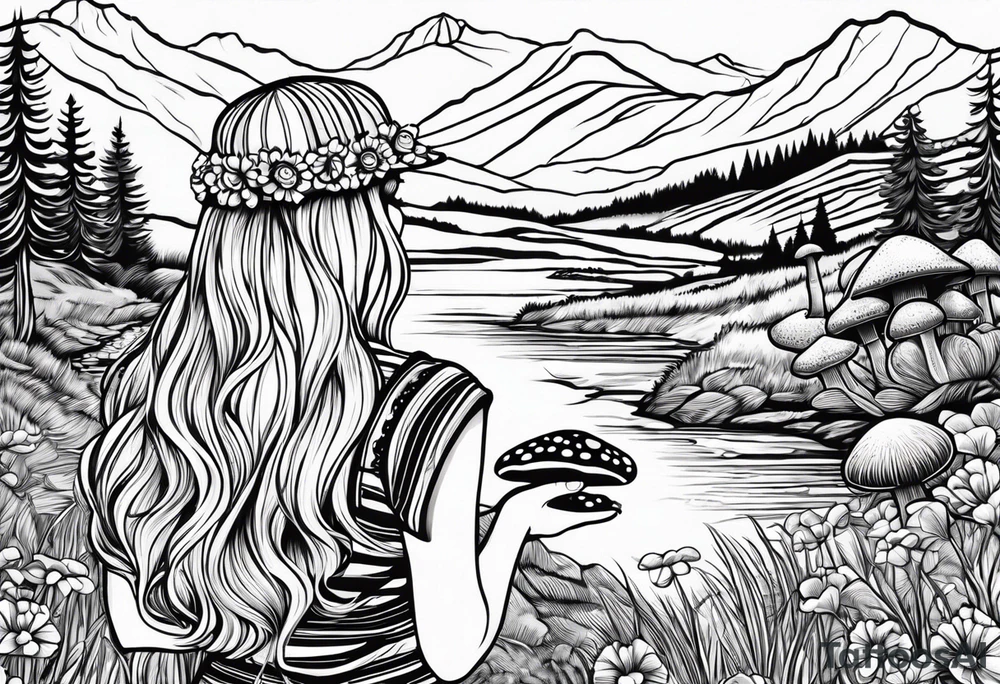 Straight long blonde hair hippie girl in distance holding mushrooms in hand facing away toward mountains and creek surrounded by mushrooms black and white striped dress tattoo idea
