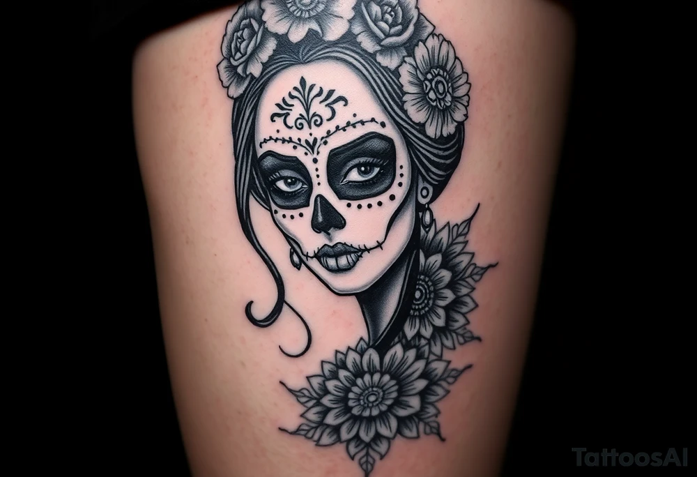 Eine sehr realistisch aussehende moderne la Catrina auf dem gesamten forderten Oberschenkel verbunden mit einem mandala auf dem Knie tattoo idea