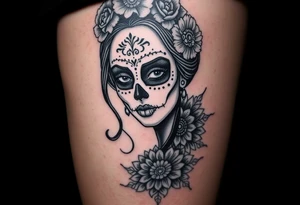 Eine sehr realistisch aussehende moderne la Catrina auf dem gesamten forderten Oberschenkel verbunden mit einem mandala auf dem Knie tattoo idea