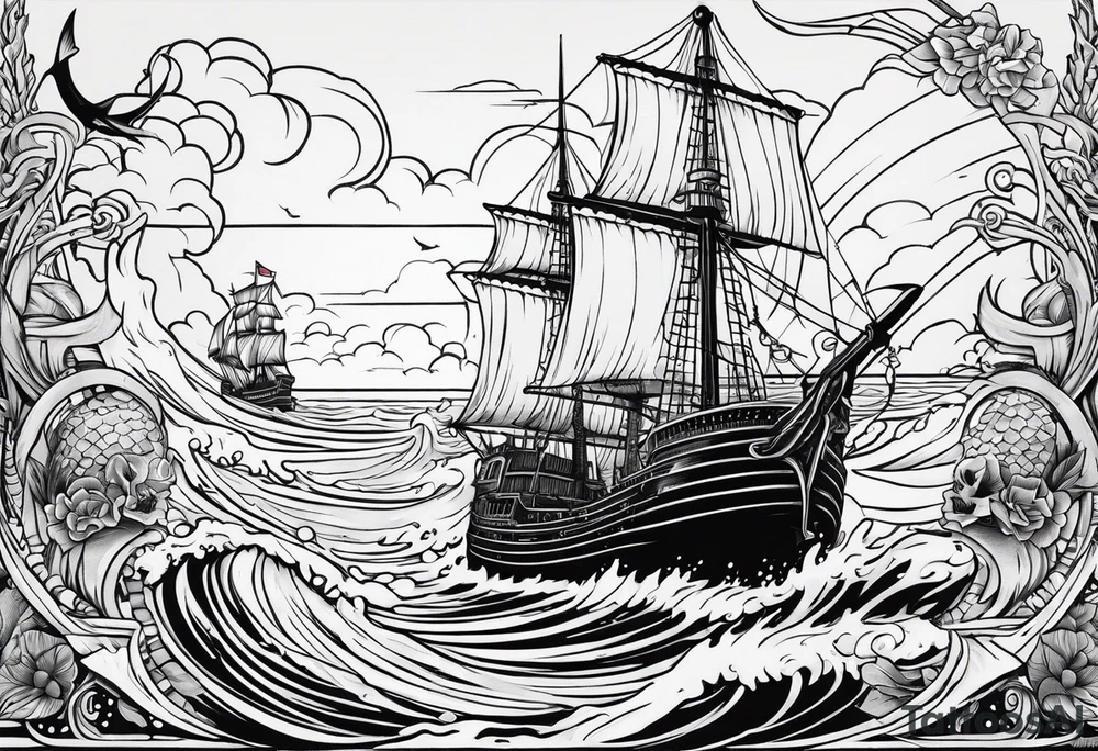 A American traditional tattoo style ship sinking with a mermaid on the right holding a rope and the mermaid on the left holding a dagger tattoo idea