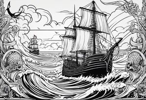 A American traditional tattoo style ship sinking with a mermaid on the right holding a rope and the mermaid on the left holding a dagger tattoo idea