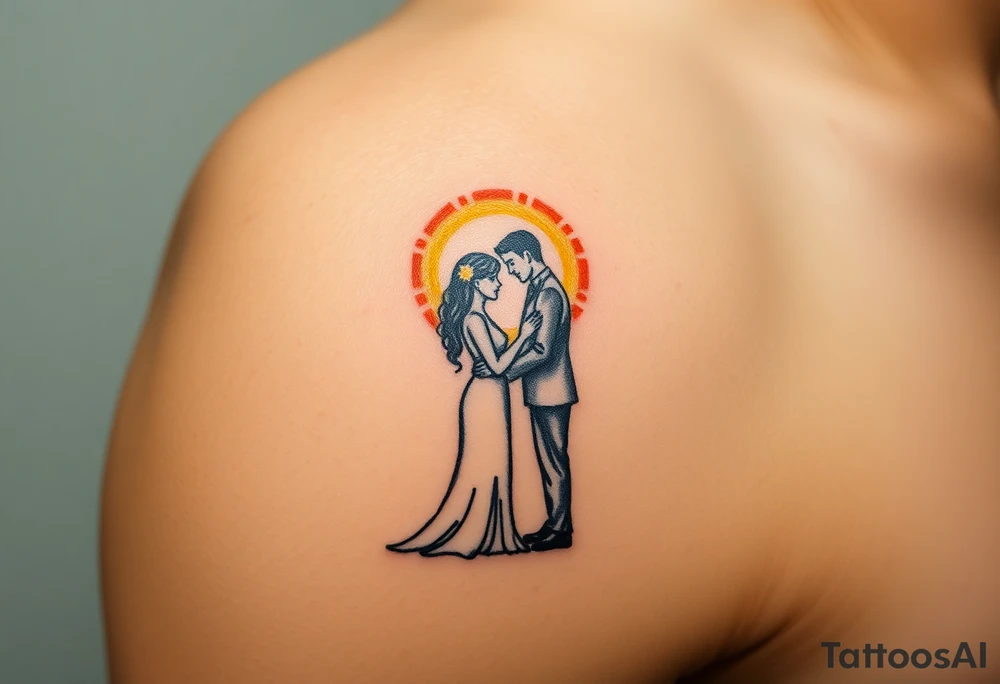 A couple standing at the altar, facing each other, bathed in a golden sunlight glow tattoo idea