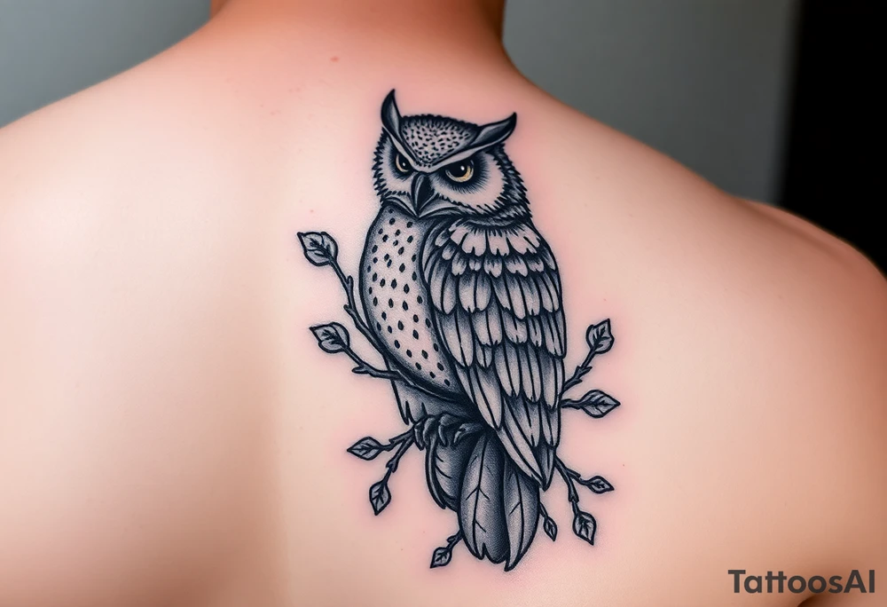 Upper arm tattoo of owl vine crawling upward and wrapping owl 333 incorporated with the owl and vine tattoo idea
