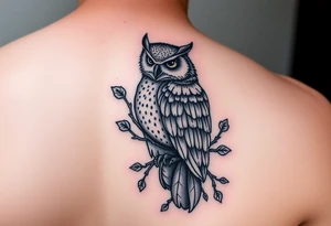 Upper arm tattoo of owl vine crawling upward and wrapping owl 333 incorporated with the owl and vine tattoo idea
