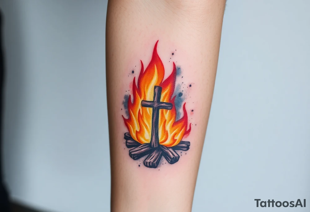 Campfire with a cross hidden in the flames tattoo idea