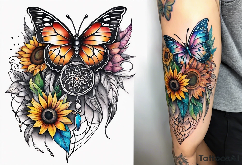 Quarter Leg sleeve with dreamcatcher, rainbow sunflowers and one butterfly tattoo idea