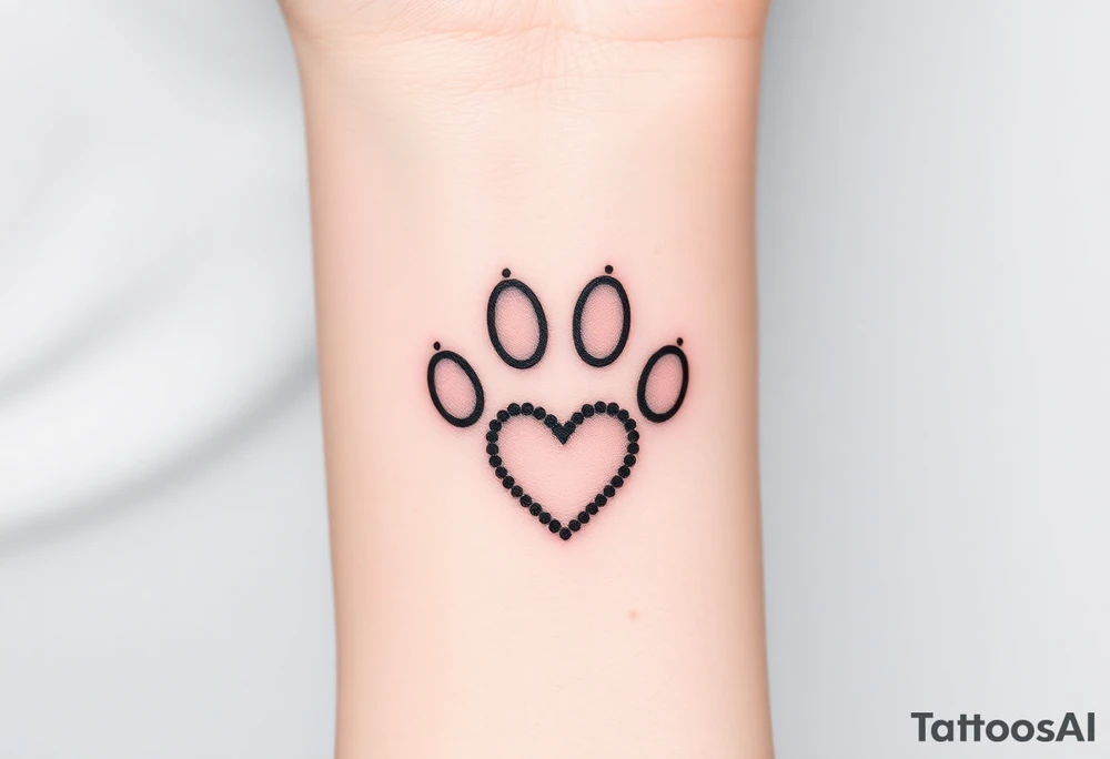 A dotwork-style paw print using only black ink with carefully placed stippling for a soft, shaded texture with heart tattoo idea