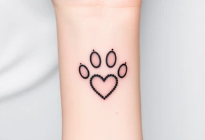 A dotwork-style paw print using only black ink with carefully placed stippling for a soft, shaded texture with heart tattoo idea