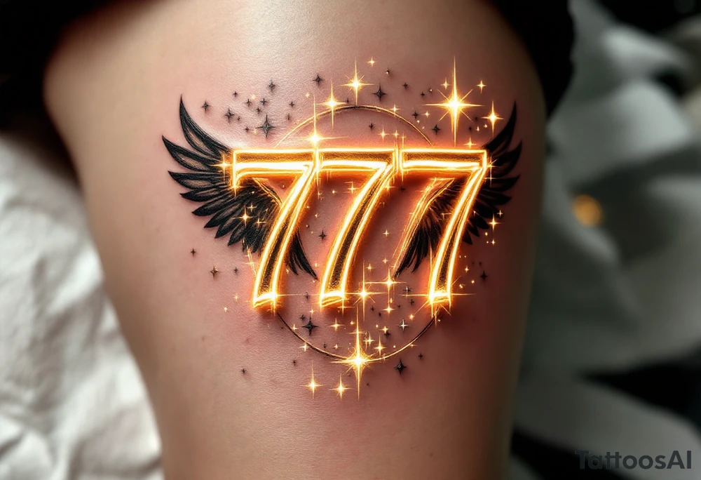 A bold, glowing "777" in a sleek, modern font in gold and silver light. The numbers are surrounded by celestial elements like tiny twinkling stars, a faint halo, and soft angelic wings, symbolizing divine guidance and good fortune. tattoo idea