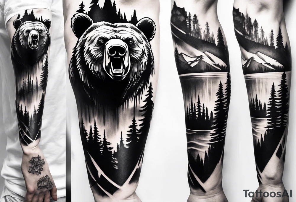 bear head right above the forest line with a lake below, full arm sleeve tattoo tattoo idea