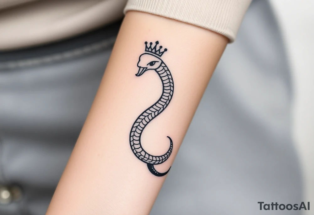 I want a small simple silhouette lines black and white wrist princess like snake tattoo that has number 12821 on its body along and also I want it to represent feminine energy crown queen Cycle tattoo idea