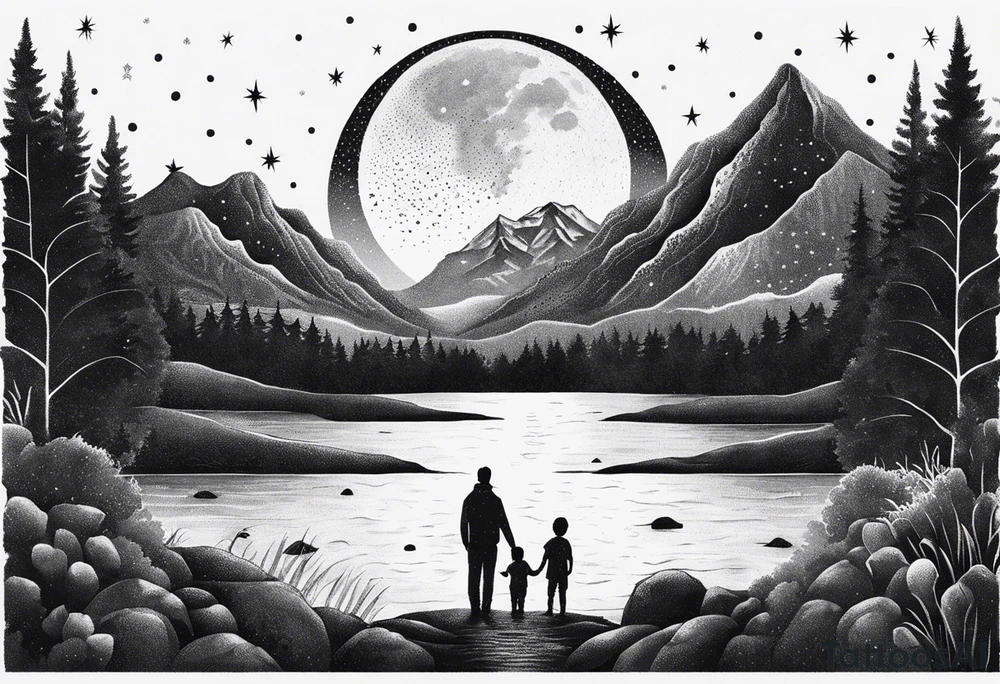 nature with mountains, waterfall, water, and a father and son in the background and and moon/sun in the sky with stars tattoo idea