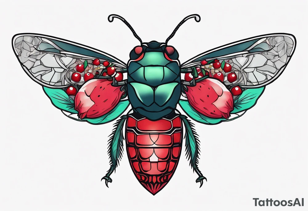 Neo traditional Cicada and pomegranate tattoo idea